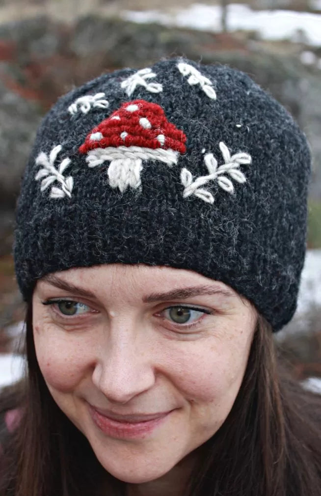 Handcrafted Wool Knit Hat w/Mushroom Design, Fleece Lined