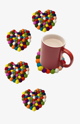 heart shaped coaster made from multi colored felt balls