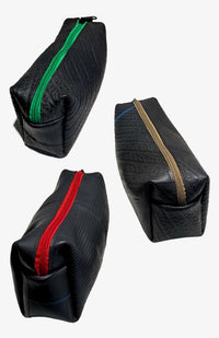 Toiletry Bag Handmade from recycled rubber with striped cotton lining and interior pocket. Handmade by artisans in Nepal