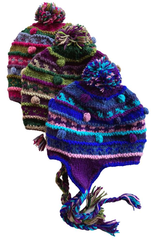 hand knit earflap hat, fair trade Nepal