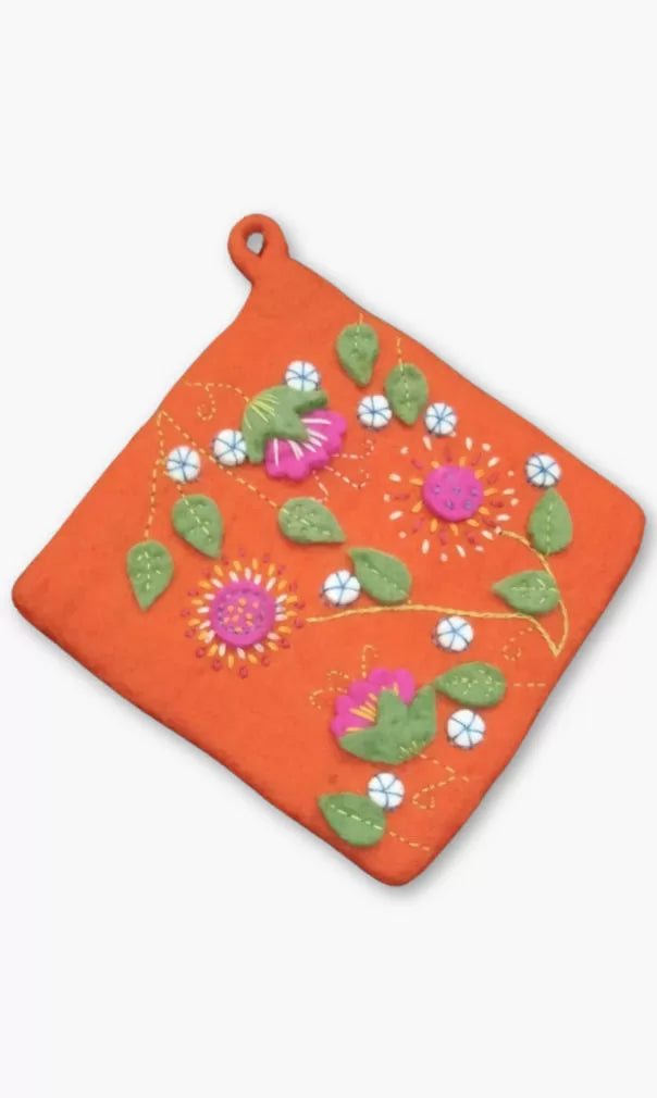 felt, embroidered potholder, fair trade Nepal