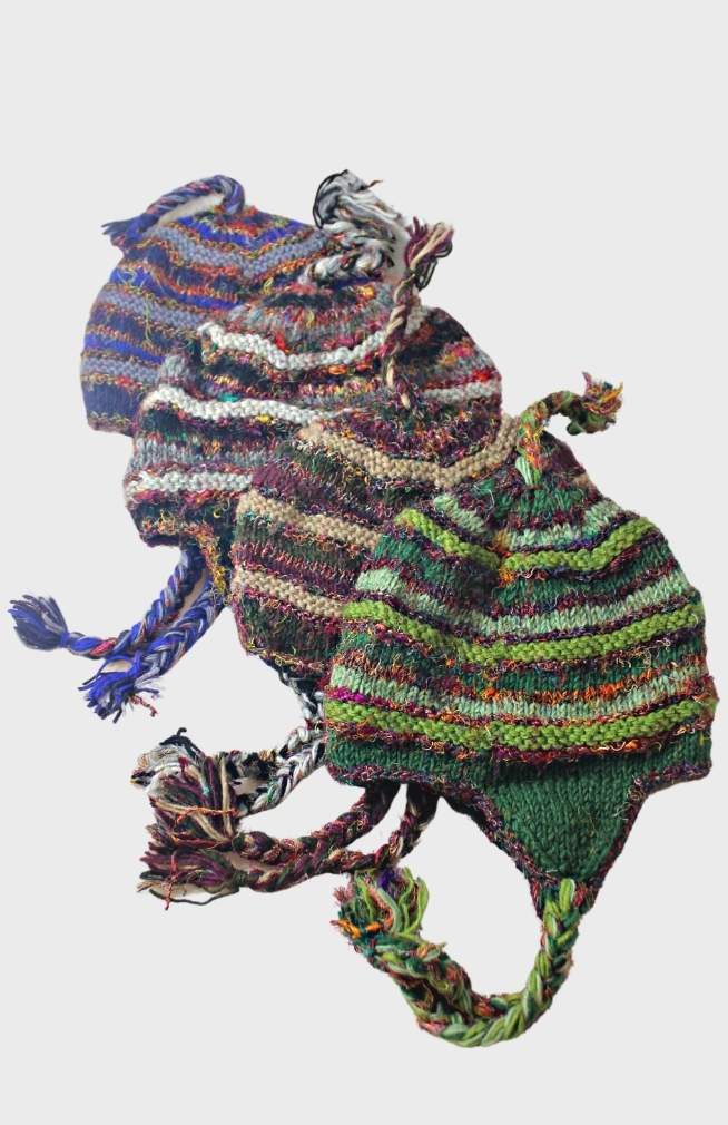 silk infused wool knit earflap hat fair trade nepal