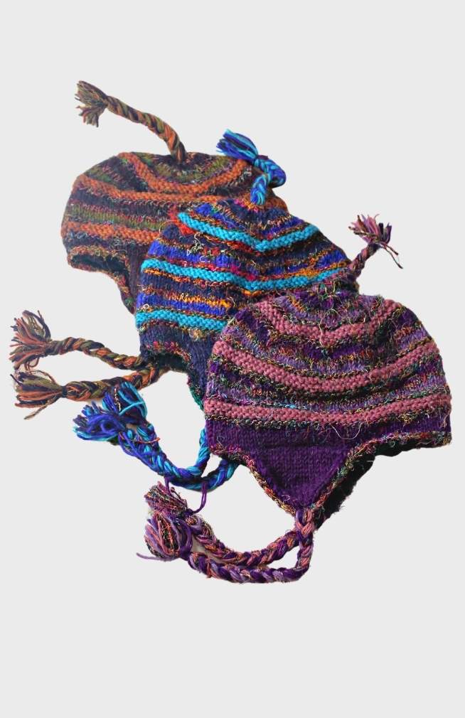 silk infused wool knit earflap hat fair trade nepal