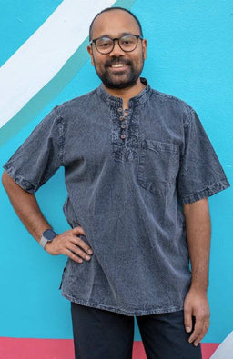 Short Sleeved Cotton Shirt w 4 Buttons, Enzyme Wash