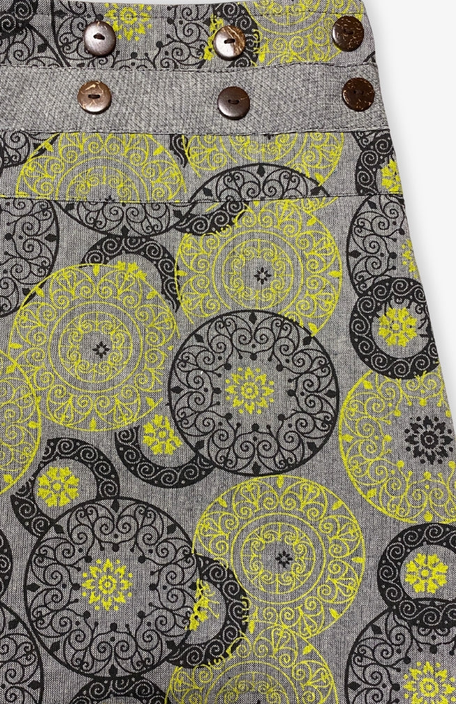 close up of print on adjustable skirt handmade by artisans in Nepal.