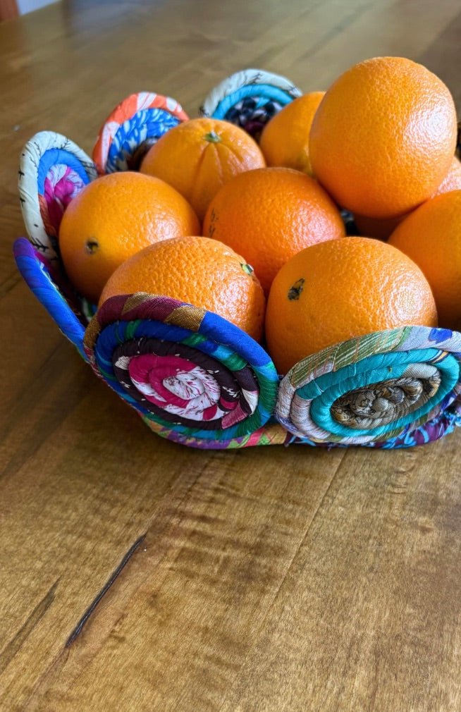 recycled silk sari coiled basket bowl handcrafted by artisans in Nepal. Unique, beautiful bowl, Fair Trade.