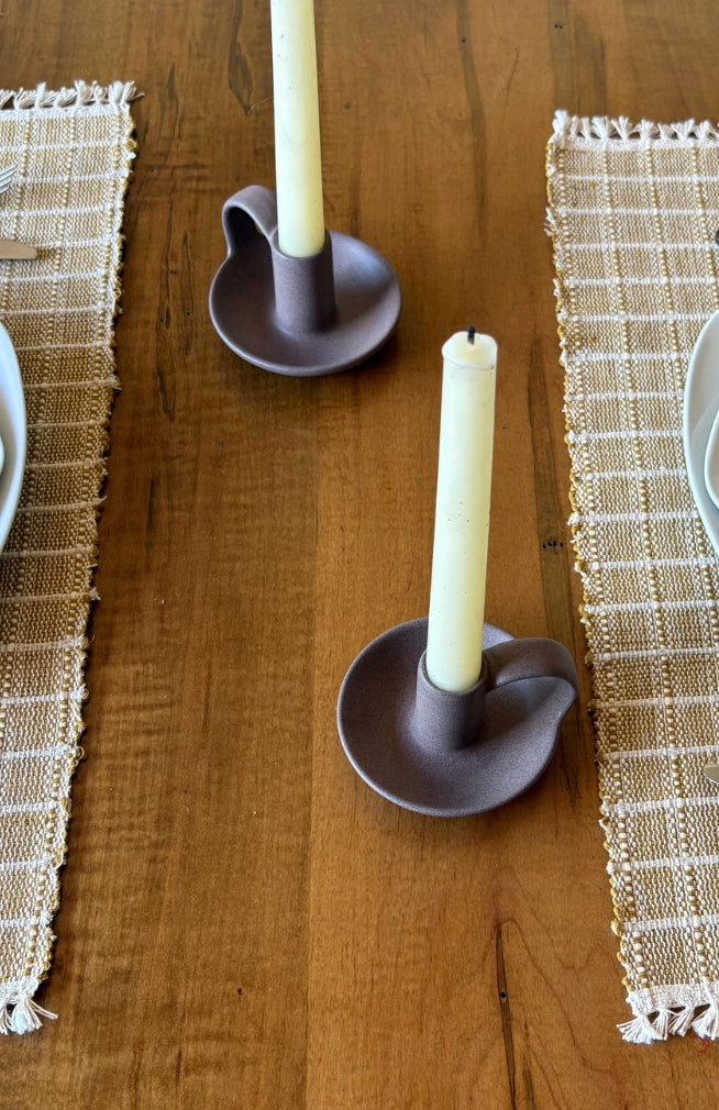 stoneware ceramic candle holder with handle. Handmade in Nepal.