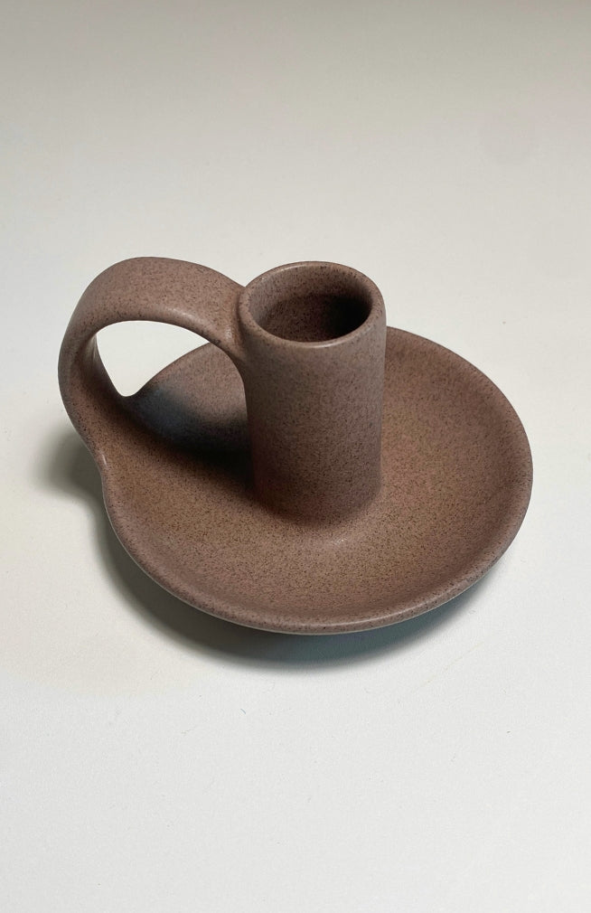stoneware ceramic candle holder with handle. Handmade in Nepal.