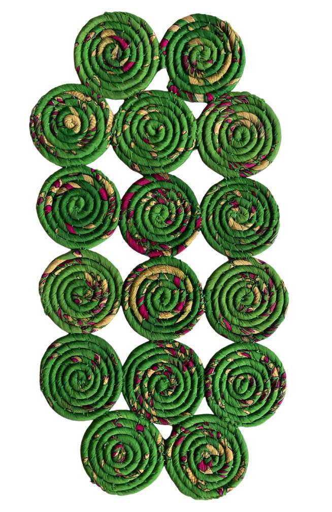 recycled silk sari coiled trivet, fair trade Nepal