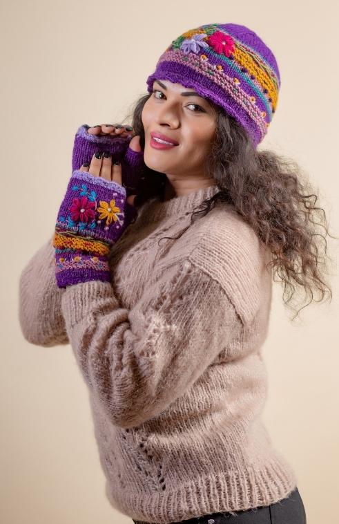 Hand Knit & Embroidered Wool Hat w/ Flowers, Fleece Lined