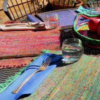 Hand Woven Repurposed Silk & Cotton Placemat with Fringe