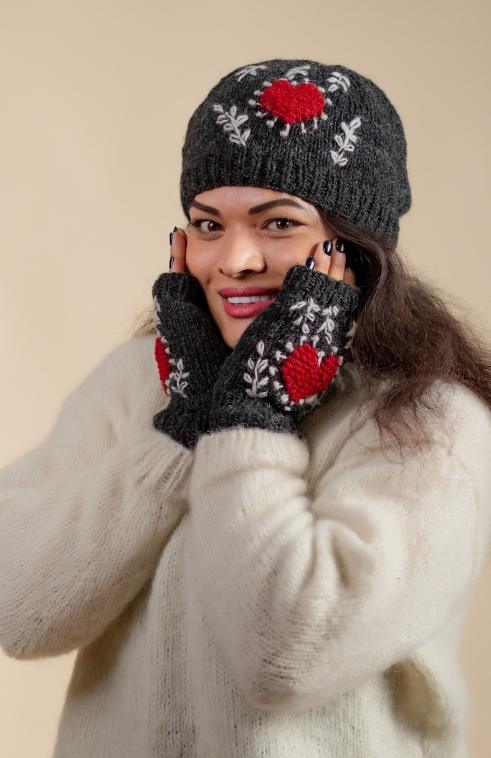 Hand Made Wool Knit Hat w/Heart Design, Fleece Lined