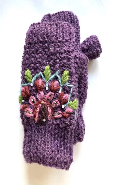 wool embroidered fingerless glove fair trade nepal
