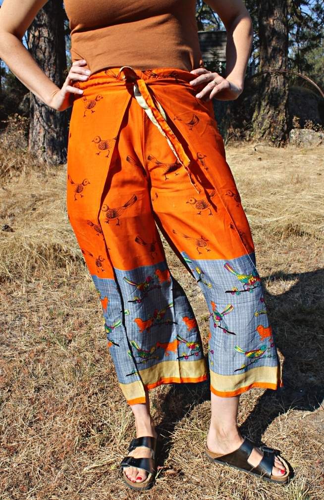 recycled sari wrap pants, fair trade Nepal