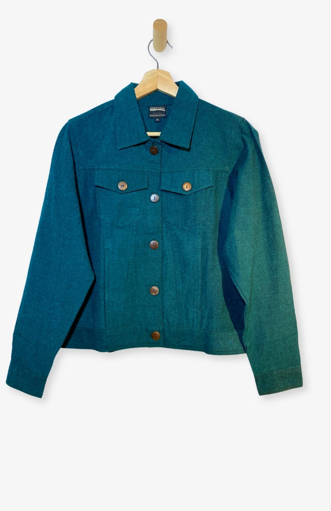 A teal blue-green tight Cotton Jacket with Pockets, handmade by artisans in Nepal.