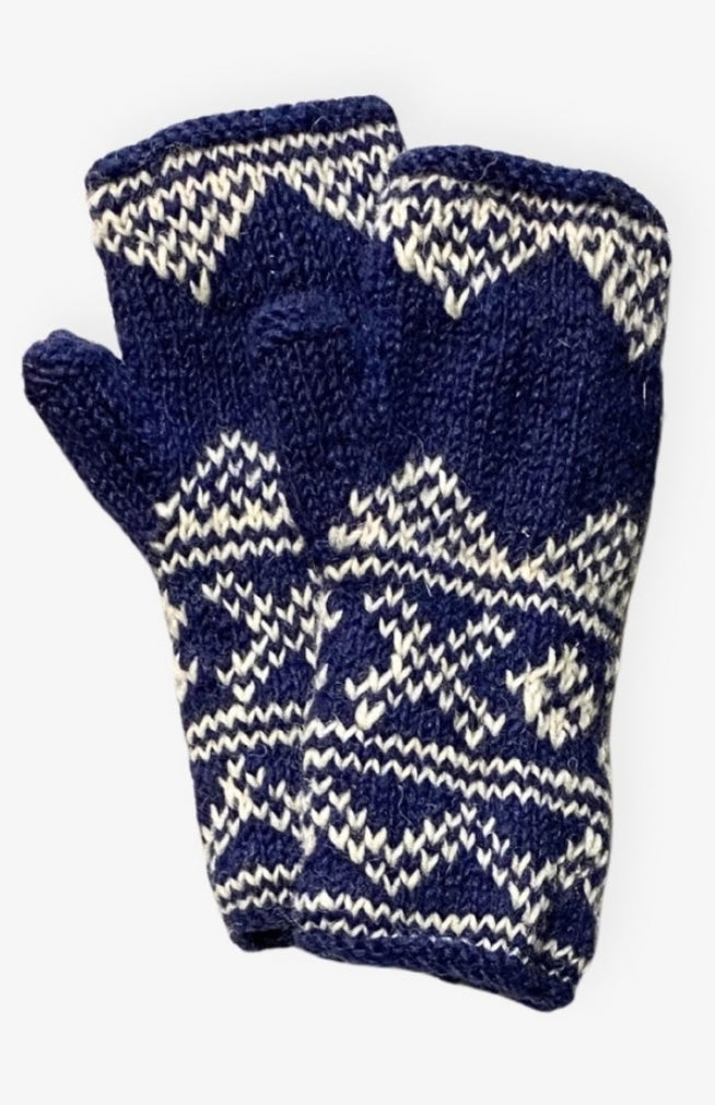 Hand crafted Nordic design wool fingerless gloves with fleece lining. Handmade by artisans in Nepal