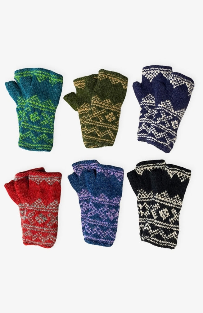 Hand crafted Nordic design wool fingerless gloves with fleece lining. Handmade by artisans in Nepal