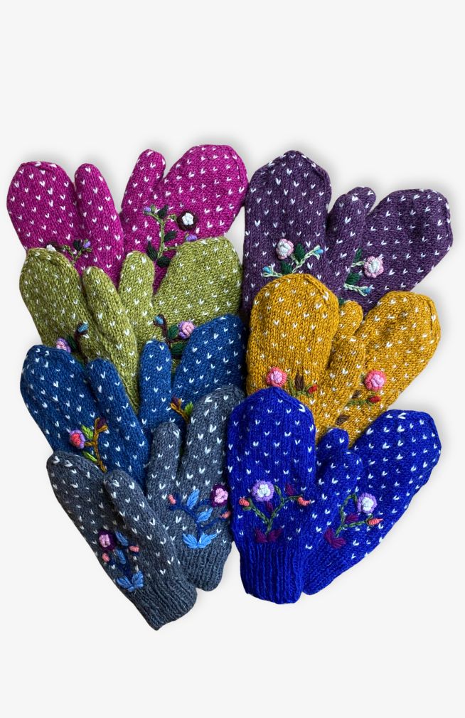 Wool knit fleece lined mittens w/ rose branch embroidery and  tik tik details. Handmade by artisans in Nepal.