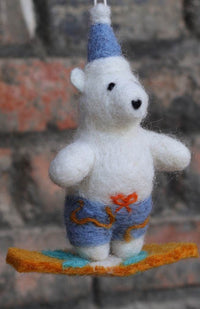 hand felted surfing polar bear Christmas tree ornament fair trade Nepal