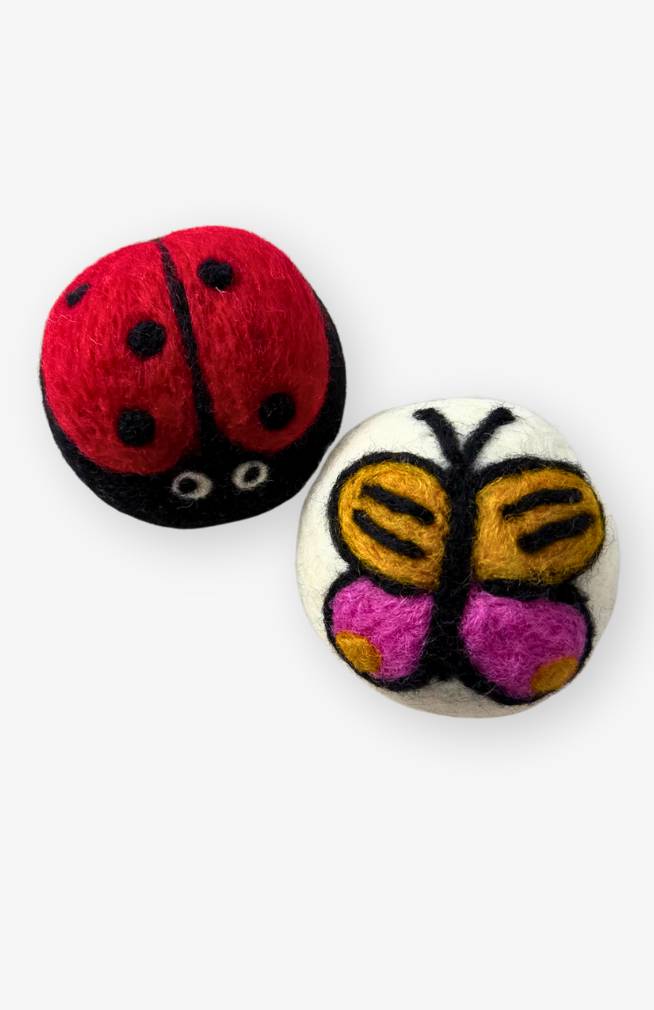 felted wool dryer balls, set of 2, one butterfly and one lady bug