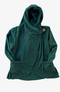 Handcrafted fleece wrap around jacket with pockets and hood. Fair trade Nepal.