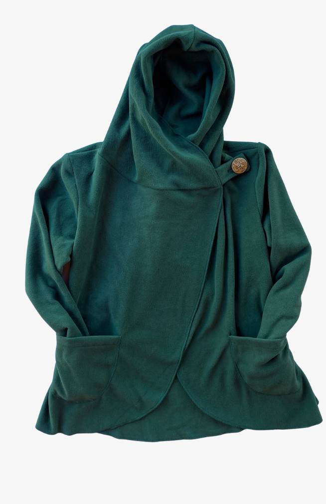 Handcrafted fleece wrap around jacket with pockets and hood. Fair trade Nepal.