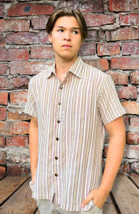 Cotton short sleeved button up striped shirt fair trade Nepal
