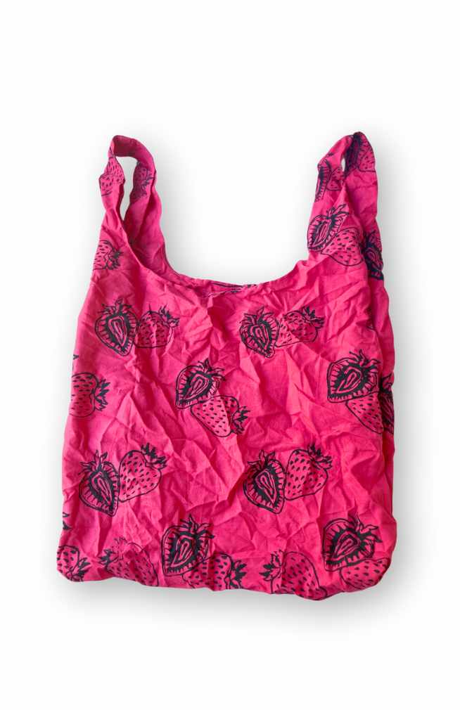 pink cotton block print stuffable grocery bag fair trade Nepal