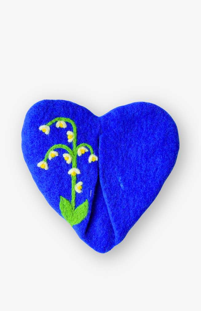 dark blue needle felted lilly of the valley heart pot holder