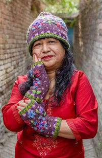 Hand knit purple tic tic design winter wool hat with flower embroidery and top pom pom