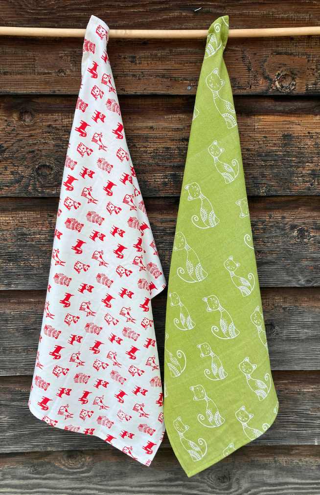 cat or dog screen printed dishtowel fair trade Nepal