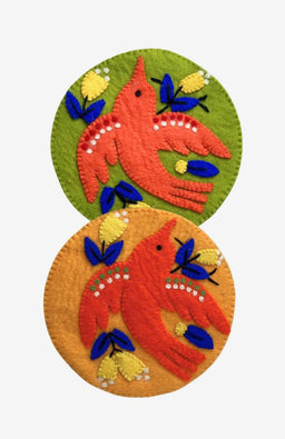 Felt embroidered trivet with bright birds made in Nepal