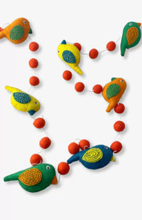 Colorful Felt Jungle Bird Garland w Orange Ball Spacers