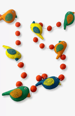 Colorful Felt Jungle Bird Garland w Orange Ball Spacers