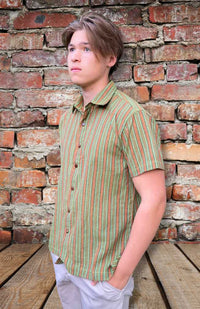 Cotton short sleeved button up striped shirt fair trade Nepal
