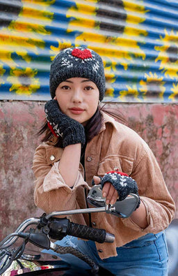 heart embroidered wool hand knit hat nepal