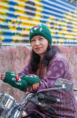 handknit hat handwarmer wool mushroom embroidery