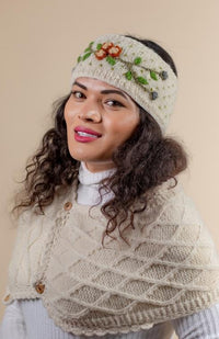 Wool Knit Headband w/ Flower Embroidery, Fleece Lined