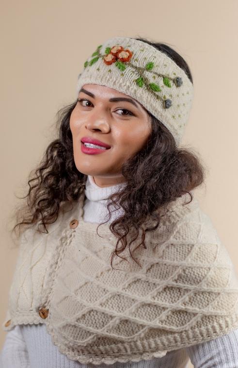Wool Knit Headband w/ Flower Embroidery, Fleece Lined