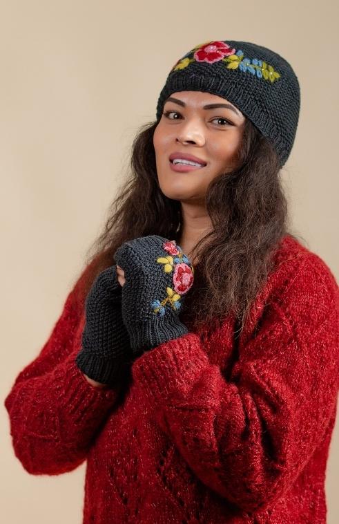 Cotton Knit Hat with Flower Embroidery, Fleece Lined