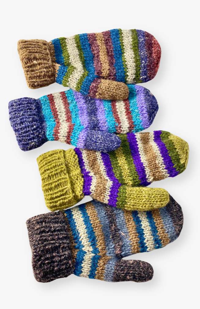 Hemp + Wool Knit Mittens w/ Stripes, Fleece Lined