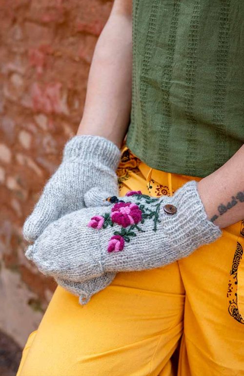 wool knit fleece lined glitten flower bee embroidery fair trade Nepal