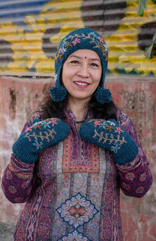 moss stitch earflap hat fleece lined embroidery fair trade Nepal