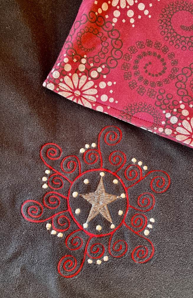 Close up of design on black fleece jacket