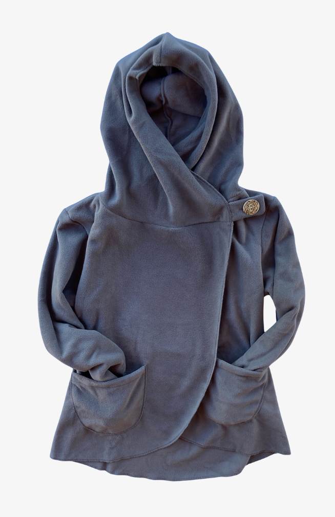 grey hooded fleece jacket with two front patch pockets