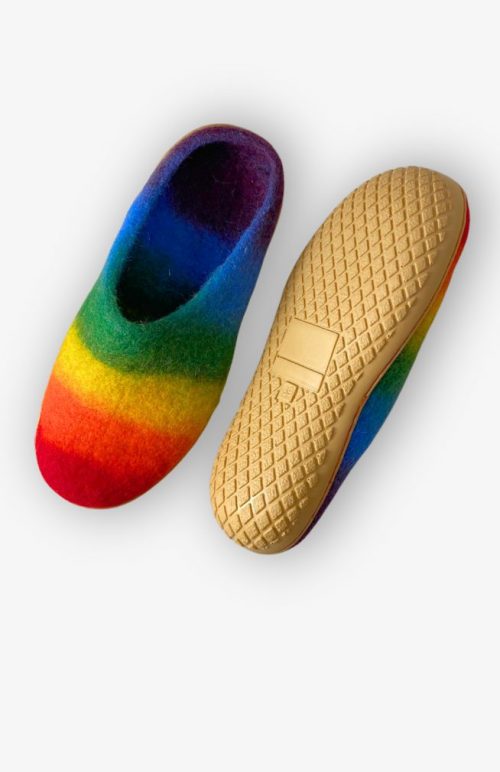 felted wool rainbow slippers rubber sole fair trade Nepal