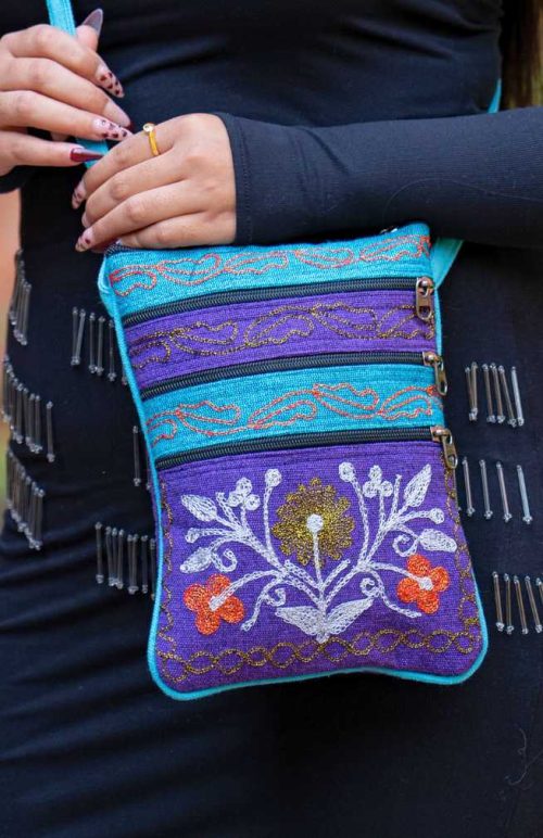 embroidered purse with four outside zipper pockets fair trade Nepal