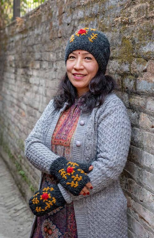 wool knit beanie fleece lined rose embroidery fair trade Nepal