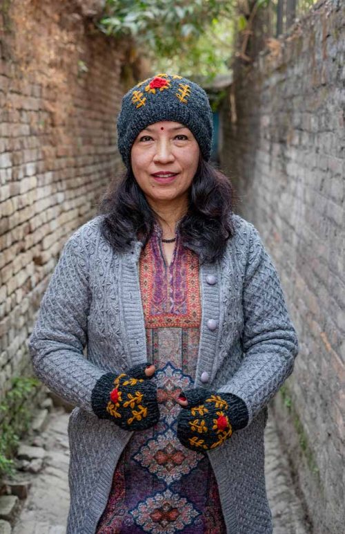 wool knit hat fingerless gloves rose embroidery fleece lined fair trade Nepal