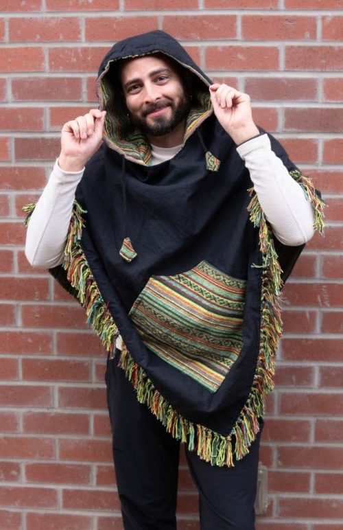 reversible poncho hoodie soft brushed gyari fabric kangaroo pockets fair trade nepal